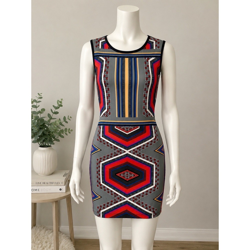 Aaron Ashe Geometric Bodycon Mini Dress Women's Small Multicolor Sleeveless